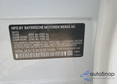 2019 BMW 530 I z USA, uszkodzony, nr VIN WBAJA5C53KBX87696